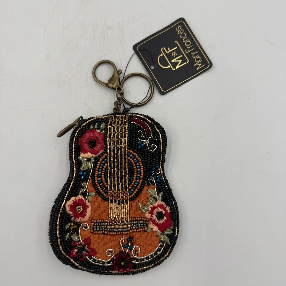 NWT Mary Frances Beaded Guitar Coin Purse Keychain Floral Boho Music Bag